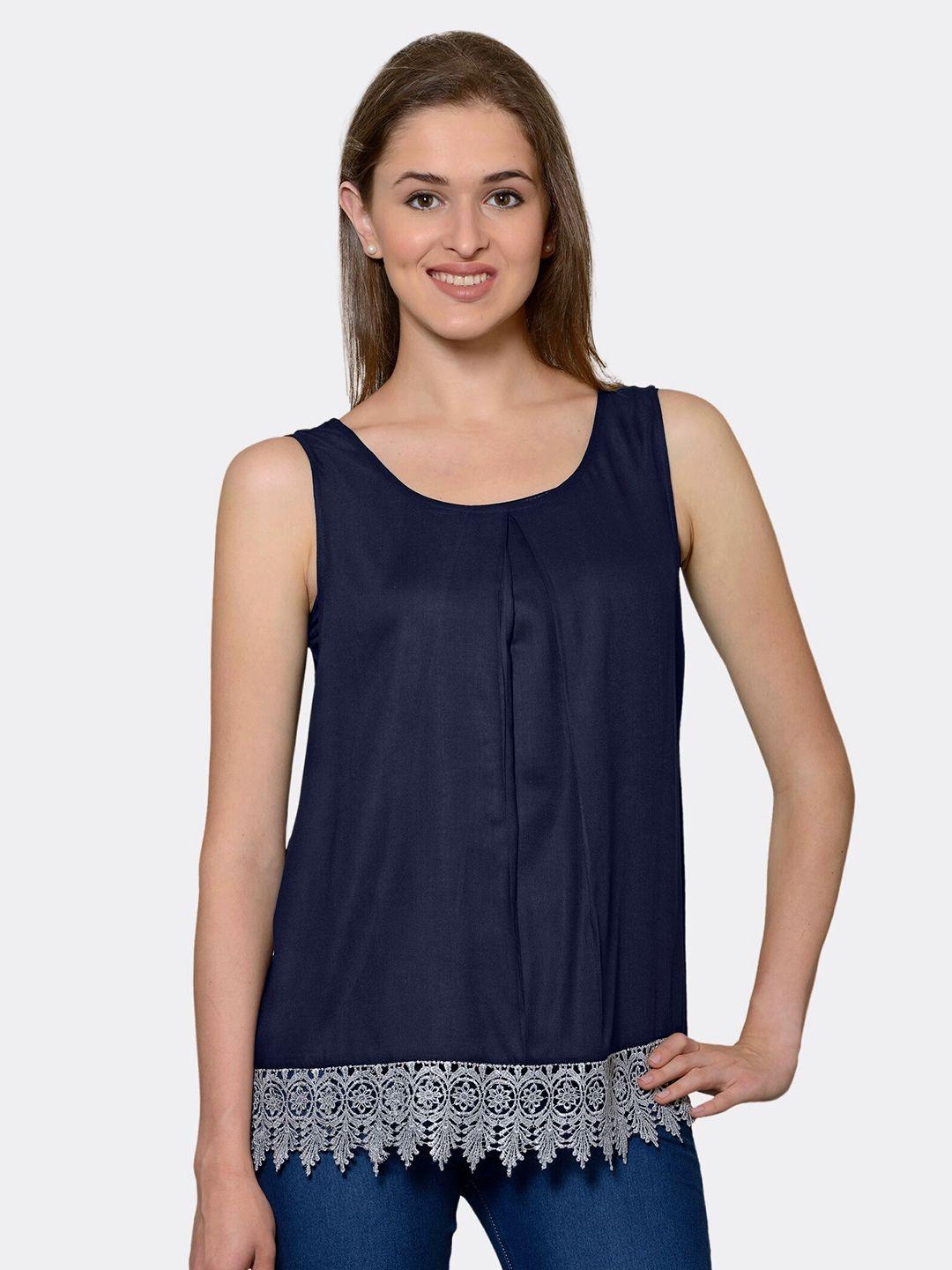 patrorna-women-navy-blue-solid-lace-detail-top