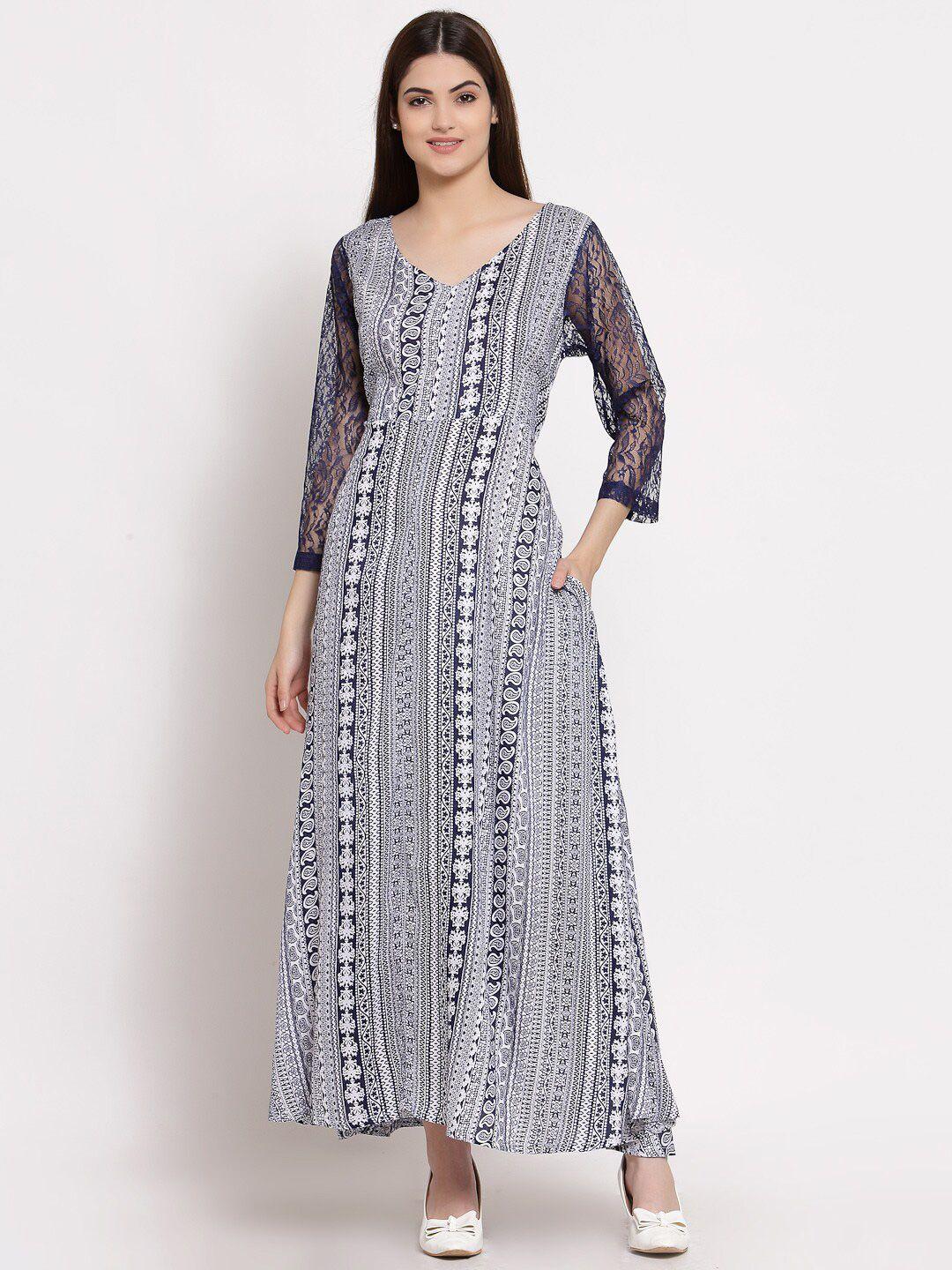 patrorna blue & white ethnic motifs maxi cotton dress