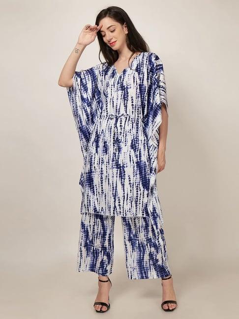 patrorna blue & white printed kaftan top with pants