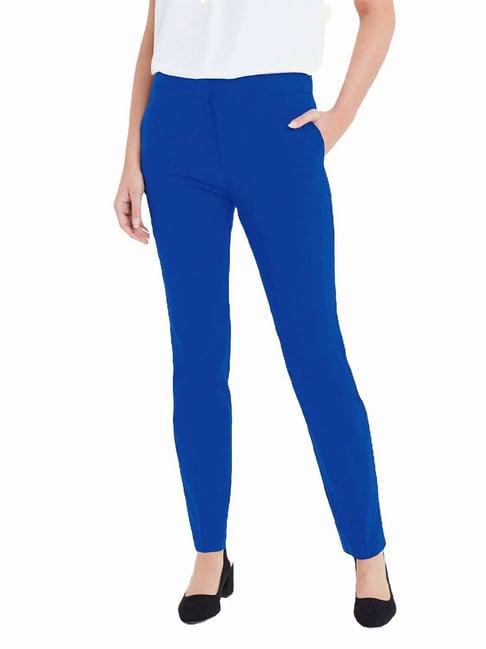 patrorna blue mid rise slim fit carrot trousers