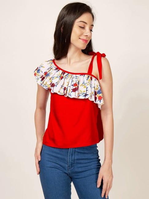 patrorna cream & red floral print top