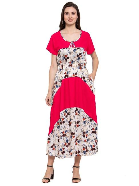 patrorna dark pink & cream floral print tulip midi dress