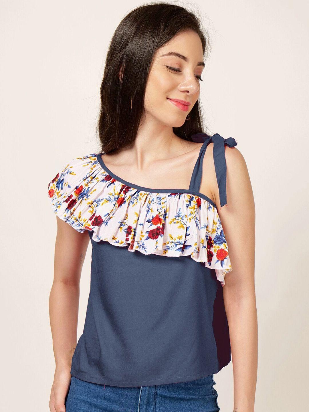 patrorna floral printed one shoulder ruffle cotton top