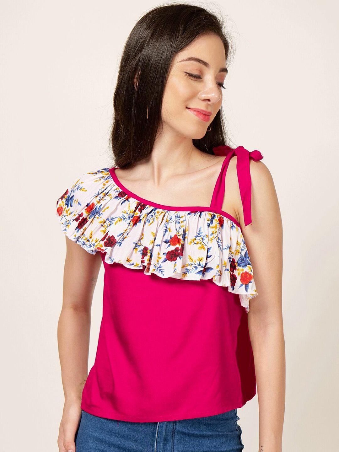patrorna floral printed one shoulder ruffle cotton top