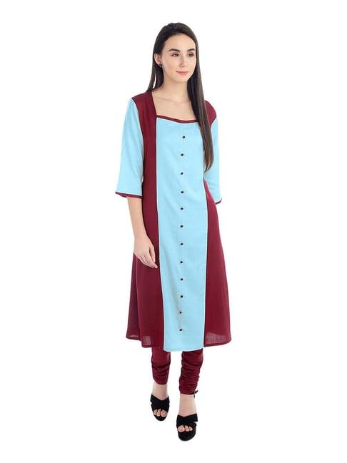 patrorna light blue & maroon regular fit kurta