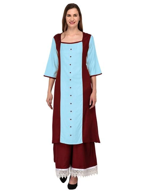 patrorna light blue & maroon regular fit kurta