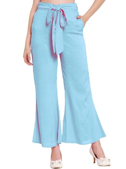 patrorna light blue mid rise relaxed fit bootcut trousers