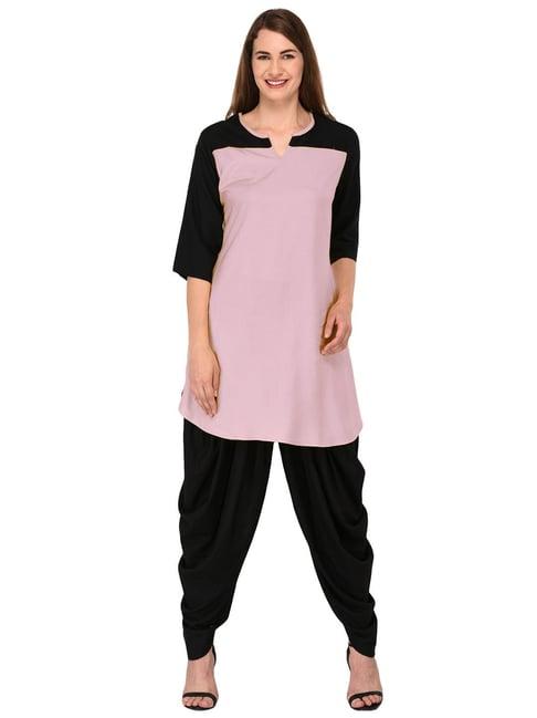 patrorna light pink & black regular fit kurta