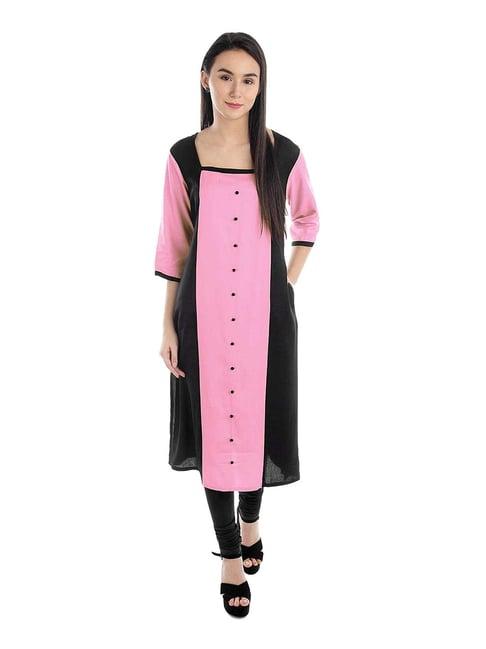 patrorna light pink & black regular fit kurta