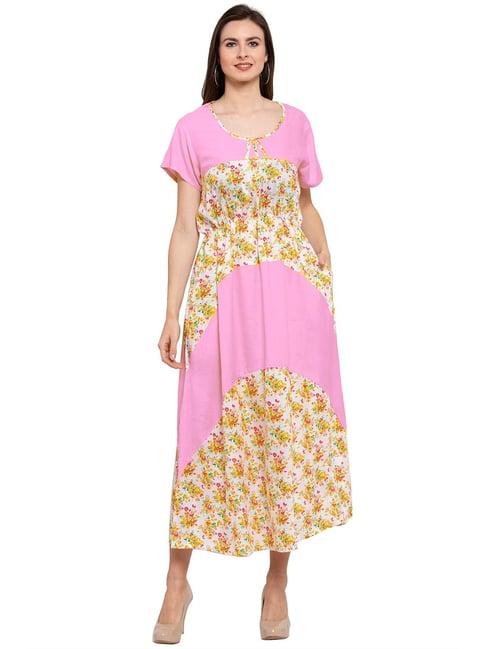 patrorna light pink & yellow floral print tulip midi dress