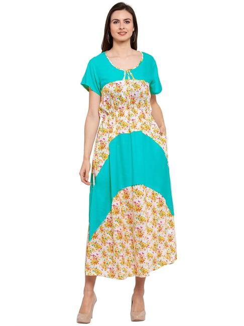 patrorna light teal & yellow floral print tulip midi dress