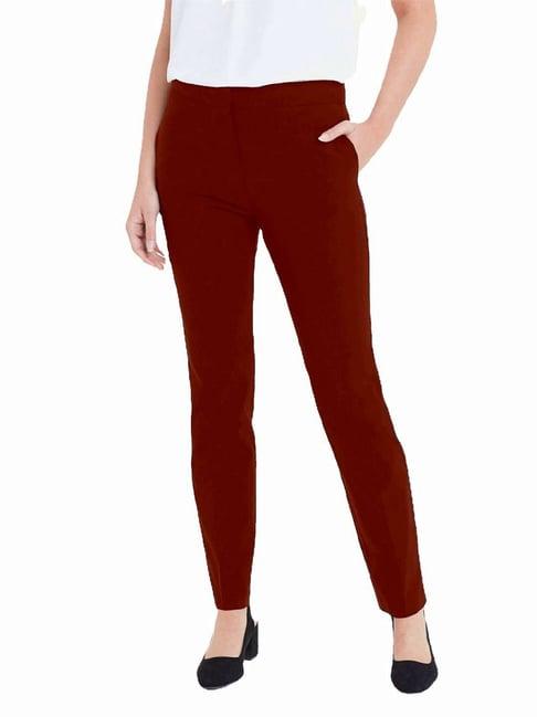 patrorna maroon mid rise slim fit carrot trousers