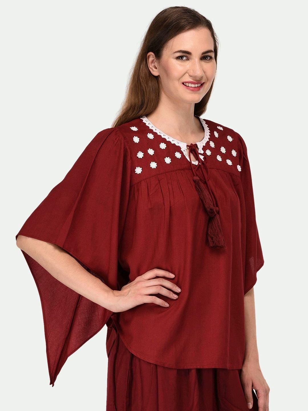 patrorna maroon solid tie-up neck cotton blend top