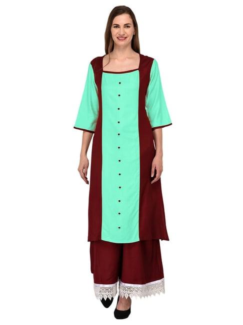 patrorna mint green & maroon regular fit kurta