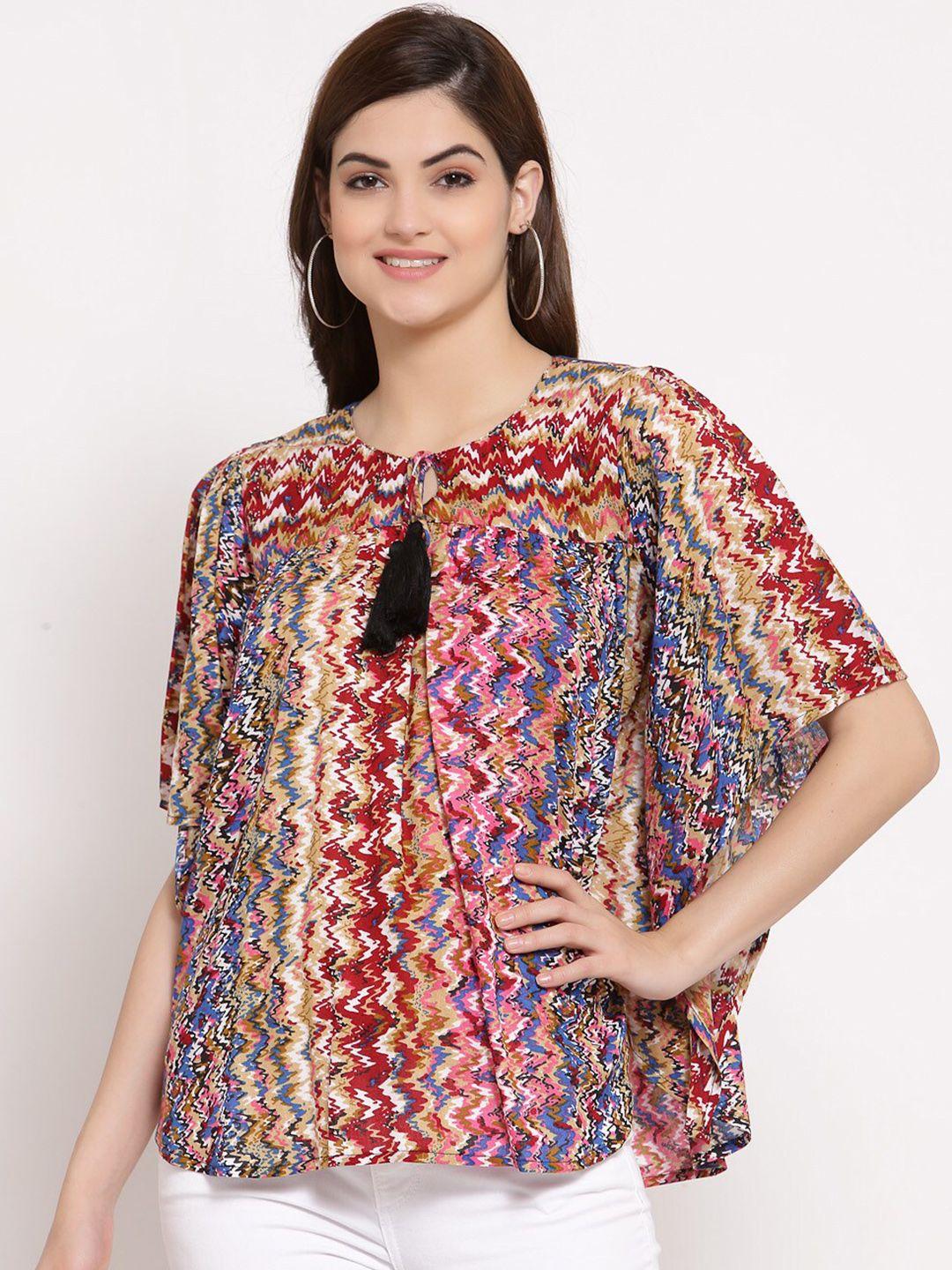 patrorna multicoloured ethnic motifs print tie-up neck kaftan top