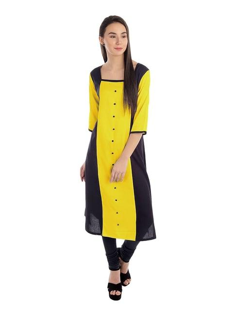 patrorna mustard & black regular fit kurta