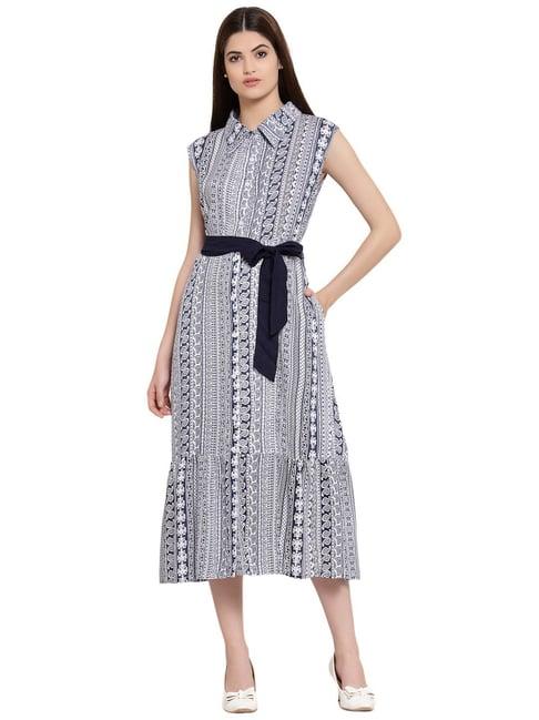 patrorna navy & white printed shirt dress