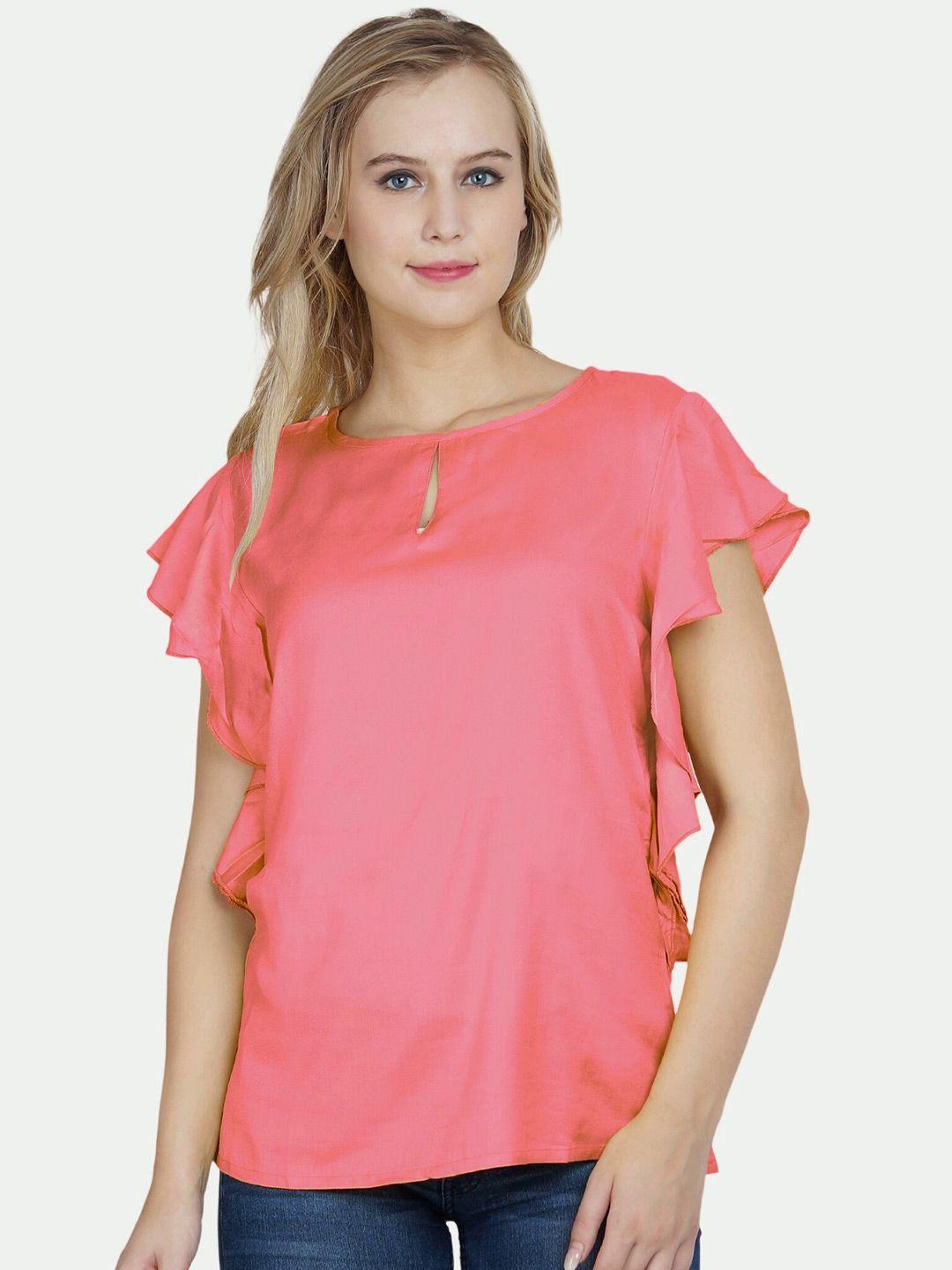 patrorna pink keyhole neck ruffles top