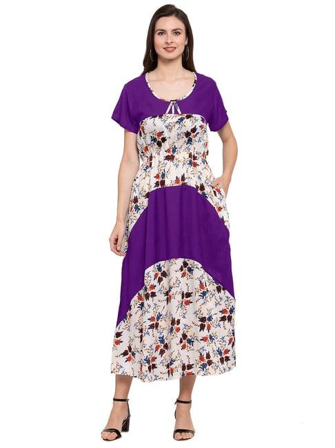 patrorna purple & cream floral print tulip midi dress