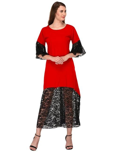 patrorna red & black lace midi dress