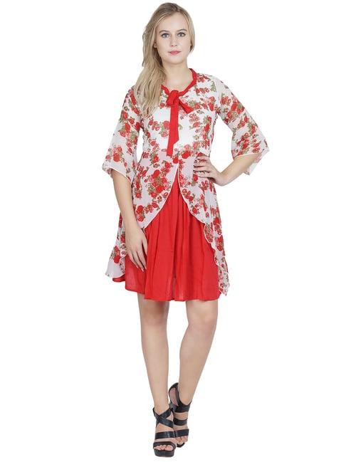 patrorna red & white floral print a line dress