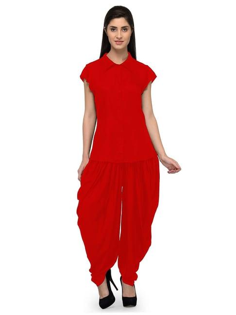 patrorna red shirt with dhoti pants