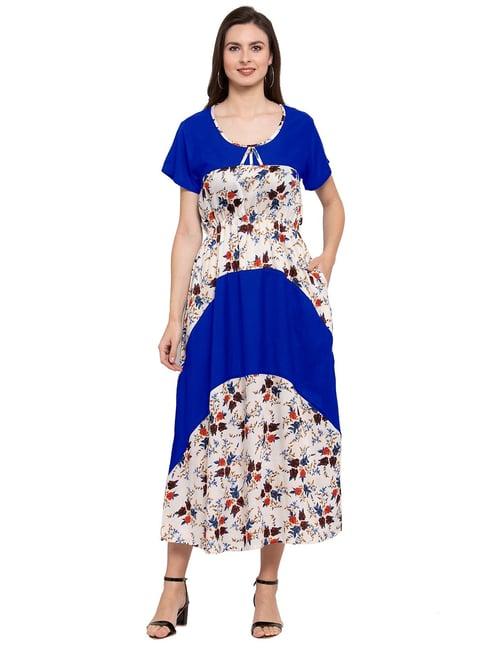 patrorna royal blue & cream floral print tulip midi dress