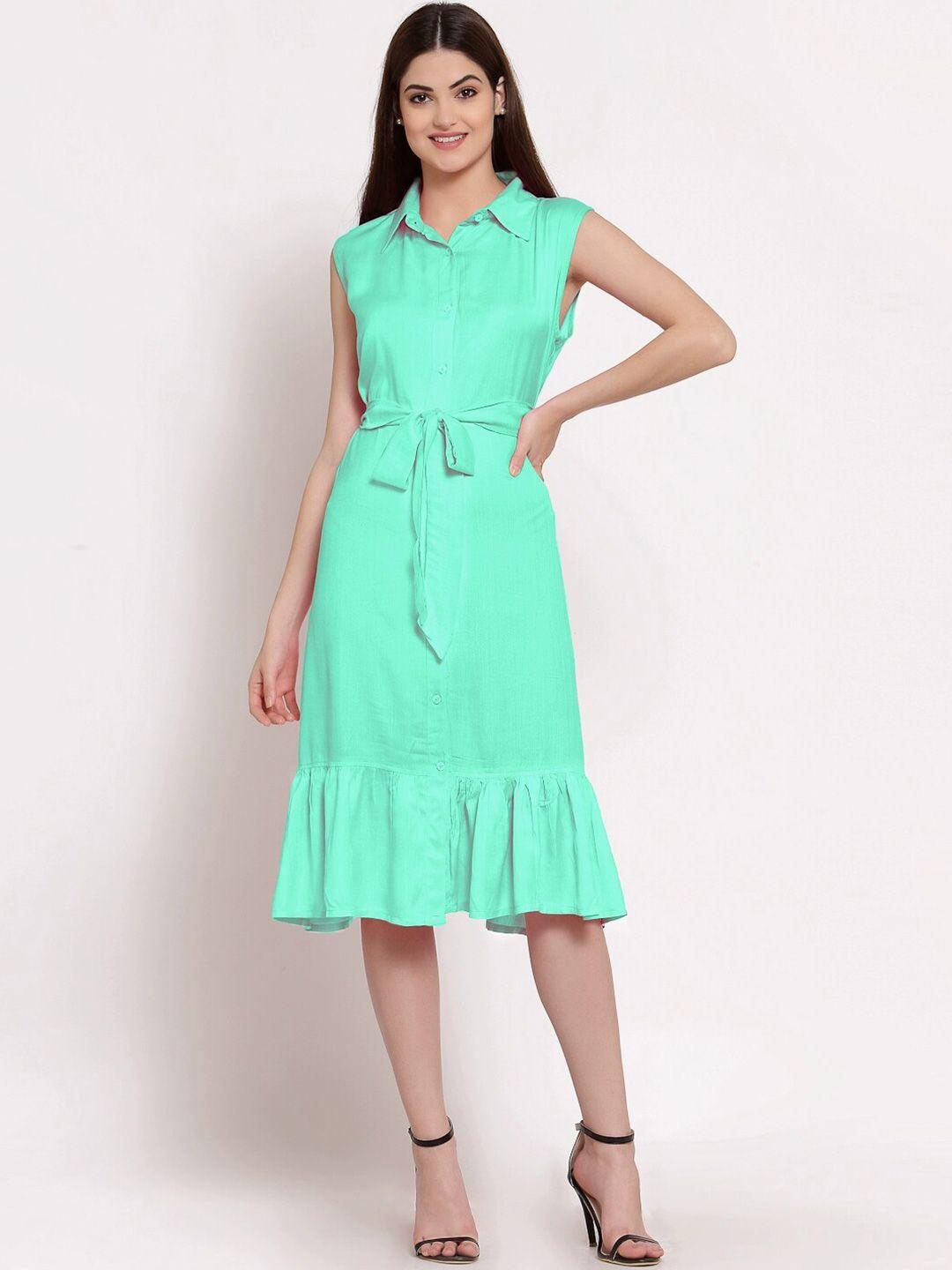 patrorna shirt collared tie-up waist flounce hem shirt dress