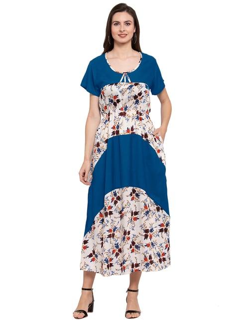 patrorna teal & cream floral print tulip midi dress