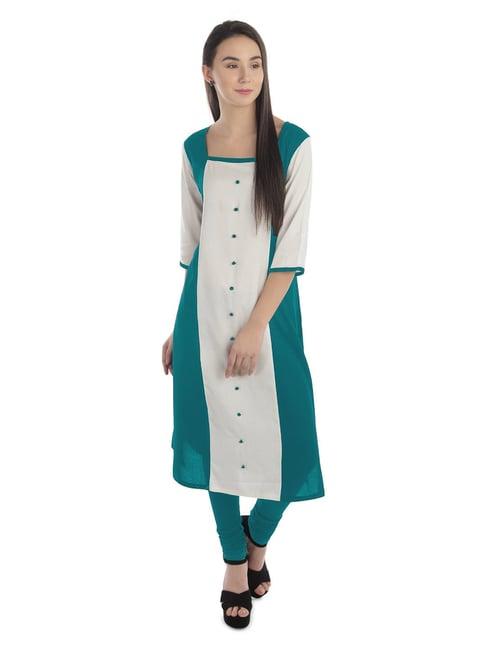 patrorna teal green & white regular fit kurta