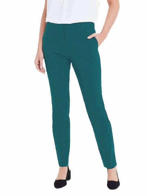 patrorna teal mid rise slim fit carrot trousers