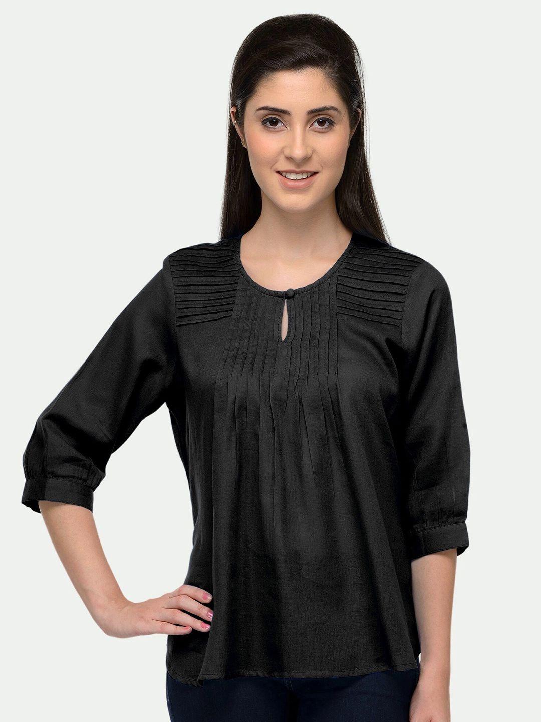 patrorna women black keyhole neck pleated top