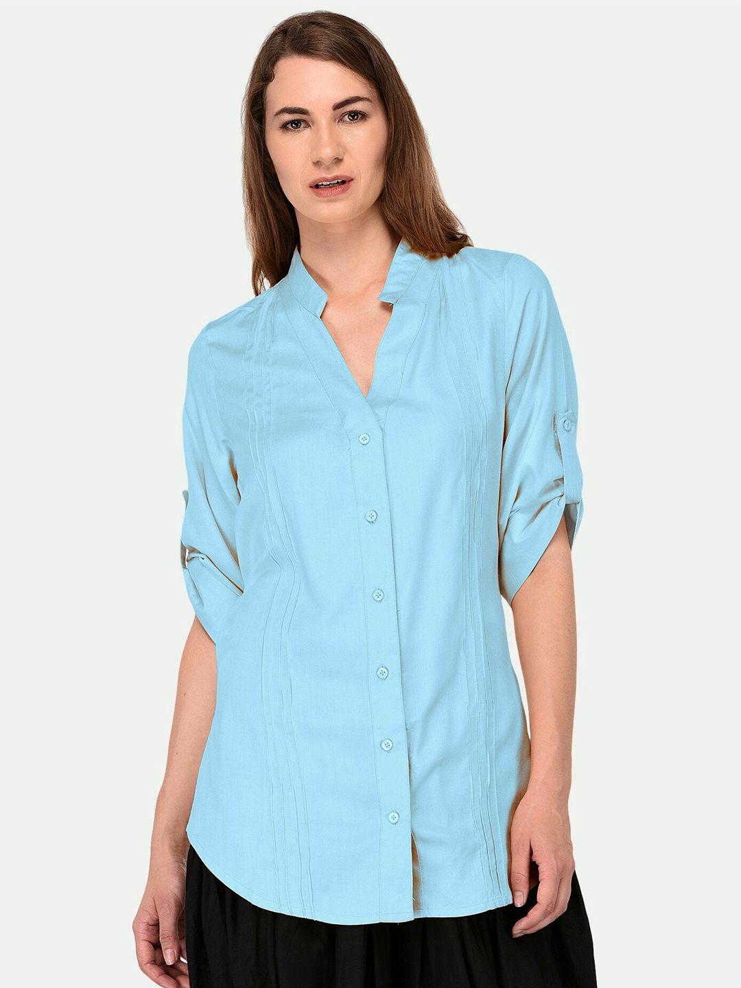 patrorna women blue solid  pintuck casual shirt