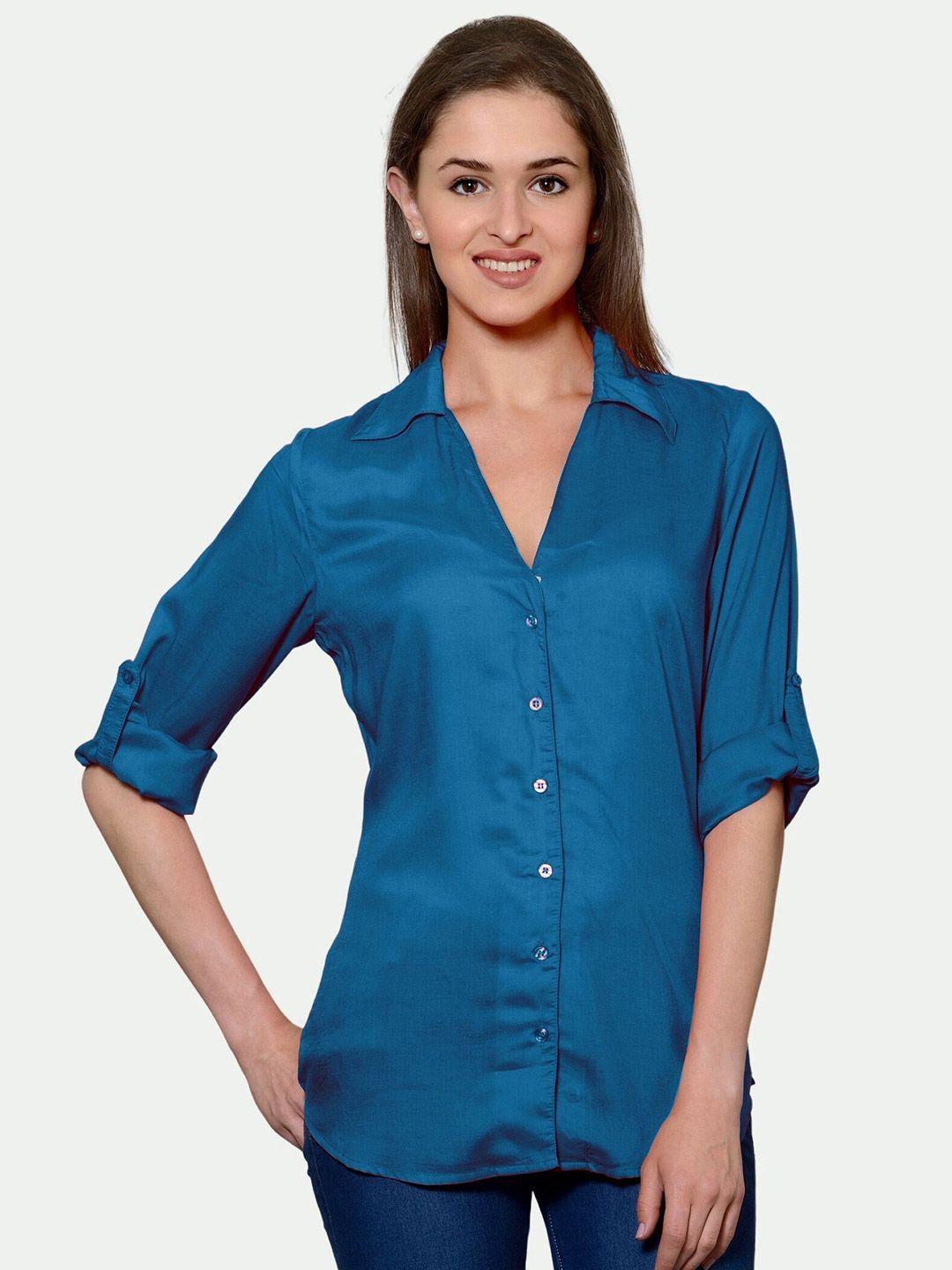 patrorna women blue solid comfort casual shirt