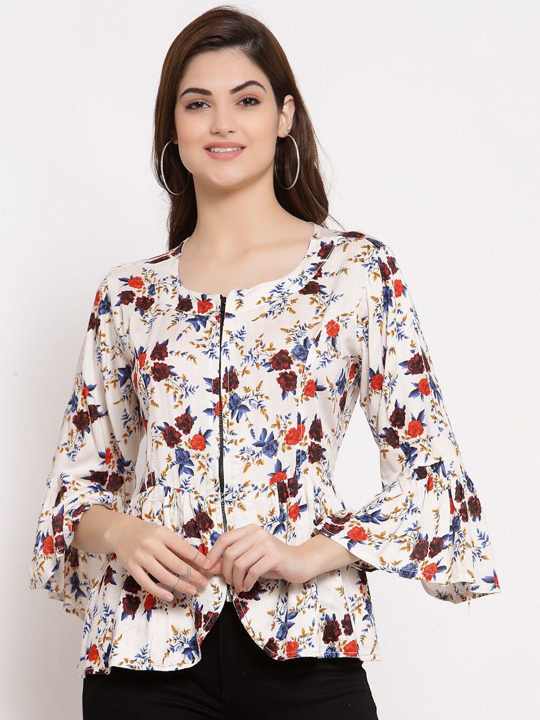 patrorna women cream and brown floral print bell sleeves pleated peplum top