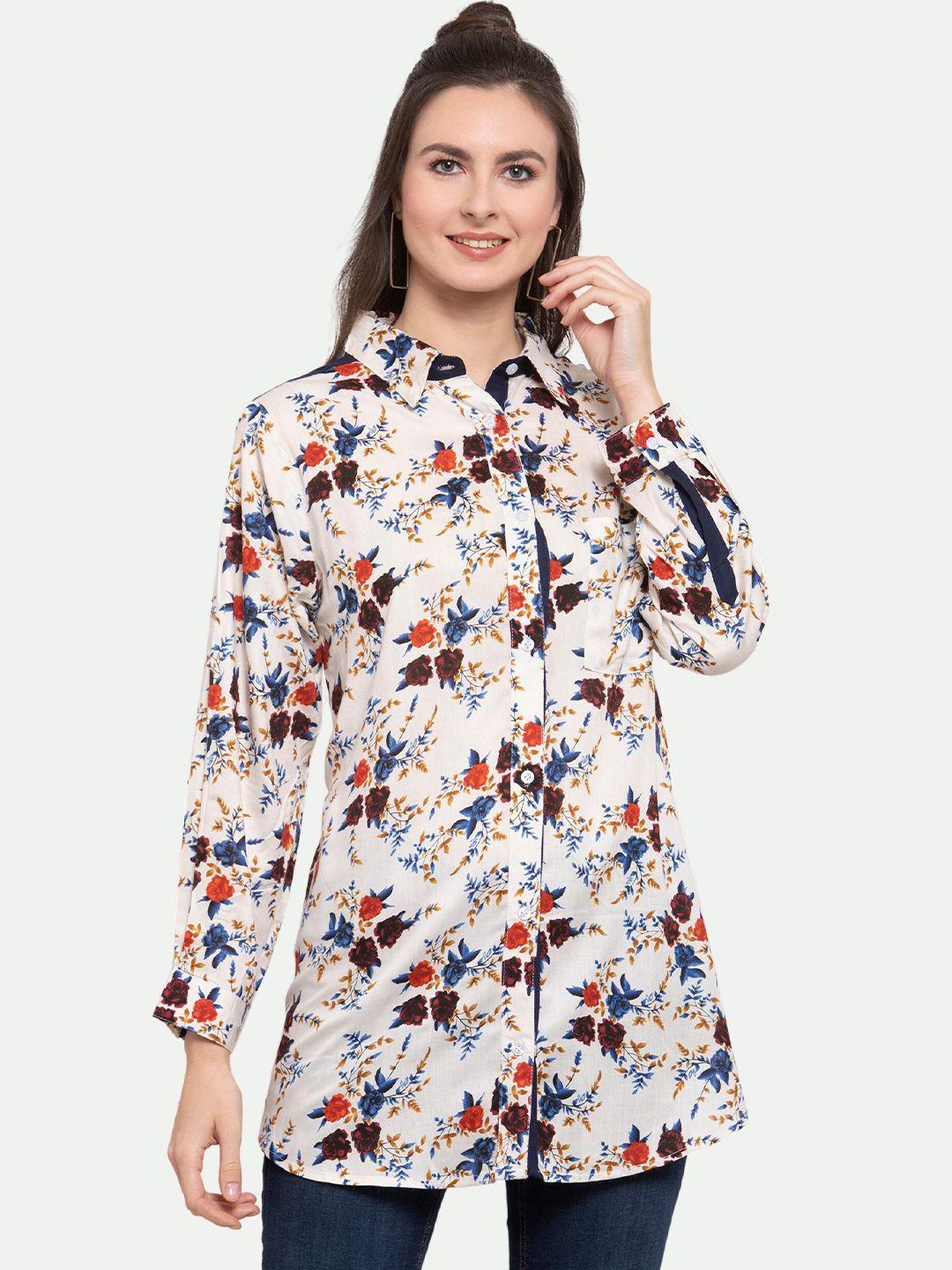 patrorna women cream-coloured comfort floral printed casual shirt