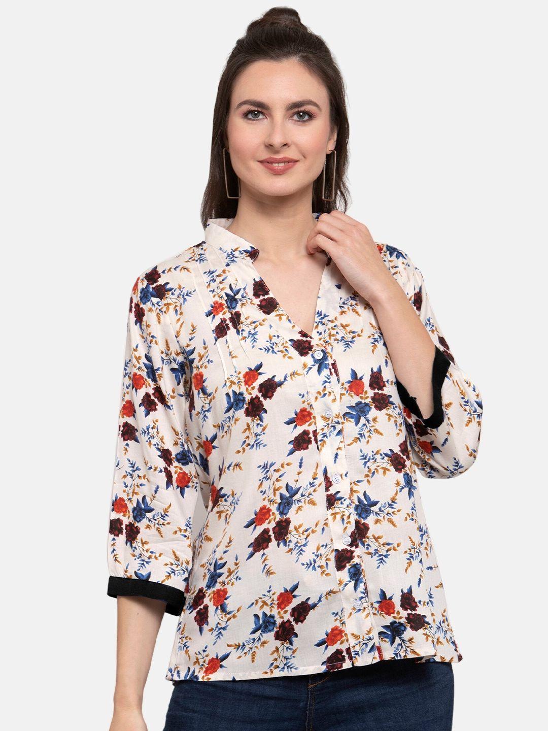 patrorna women cream-coloured comfort floral printed casual shirt