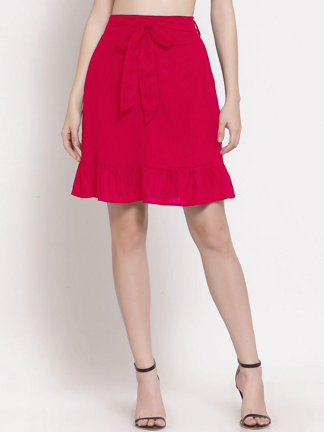 patrorna women fuchsia pink solid frilled straight skirt