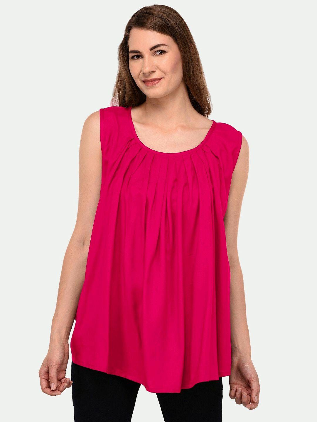 patrorna women fuchsia solid pleated round neck cotton blend top