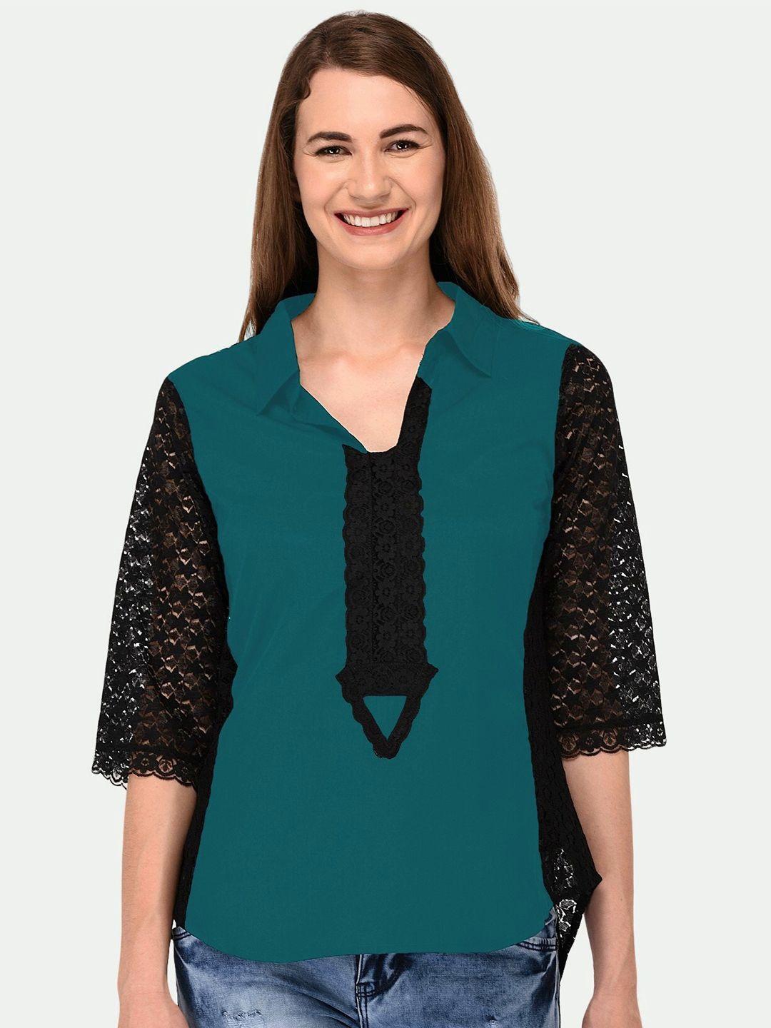 patrorna women green & black shirt collar lace frills bows and ruffles cotton blend top