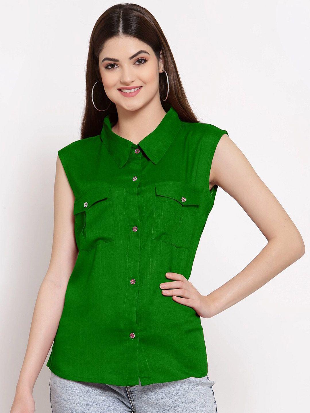 patrorna women green solid comfort casual shirt