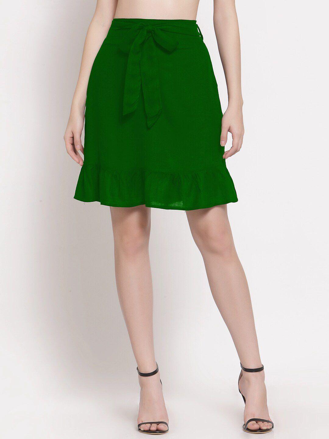 patrorna women green solid frilled straight skirt