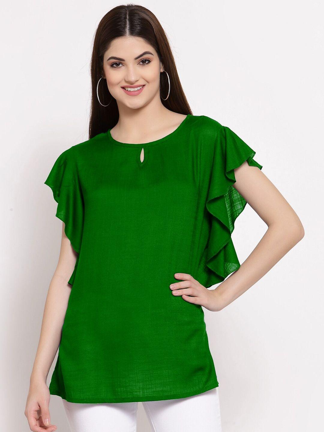 patrorna women green solid keyhole neck ruffles top