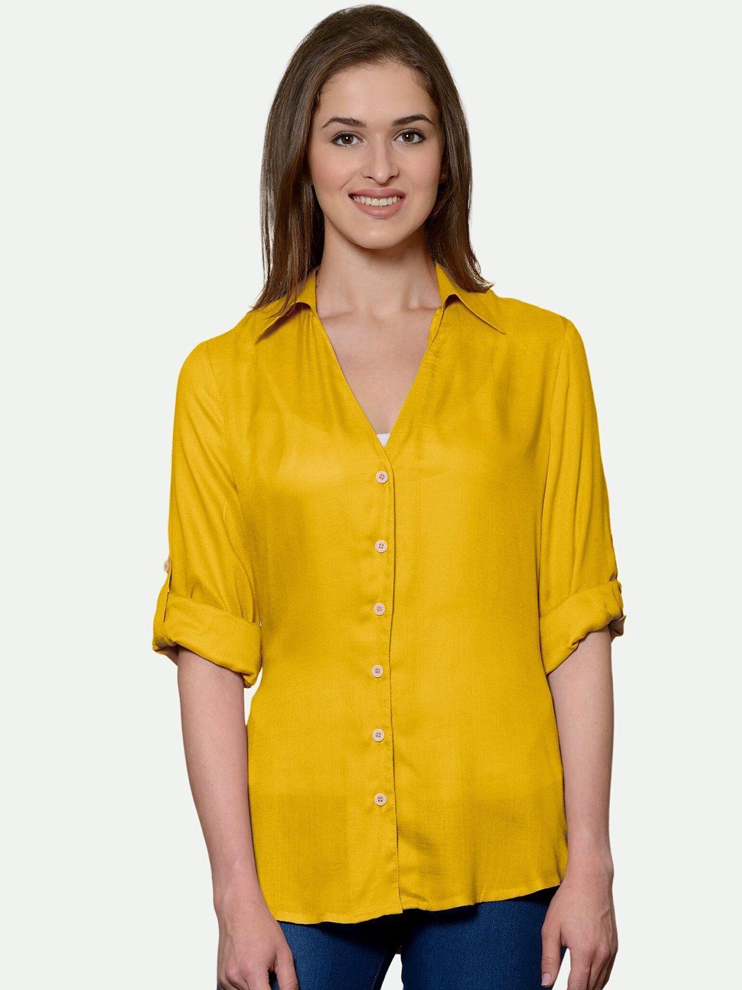 patrorna women mustard solid comfort casual shirt