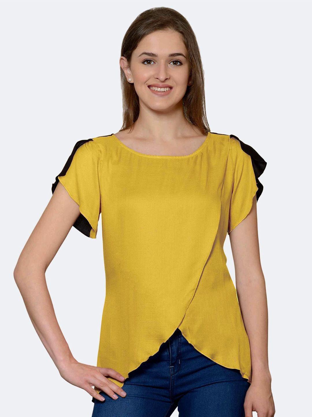 patrorna women mustard yellow and black solid layered wrap top