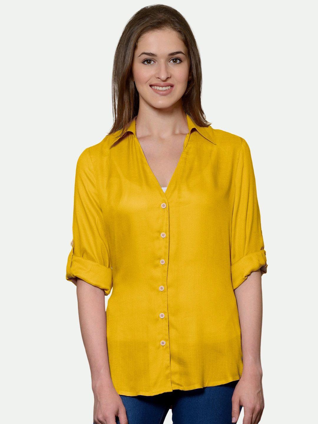 patrorna women mustard yellow solid comfort casual shirt