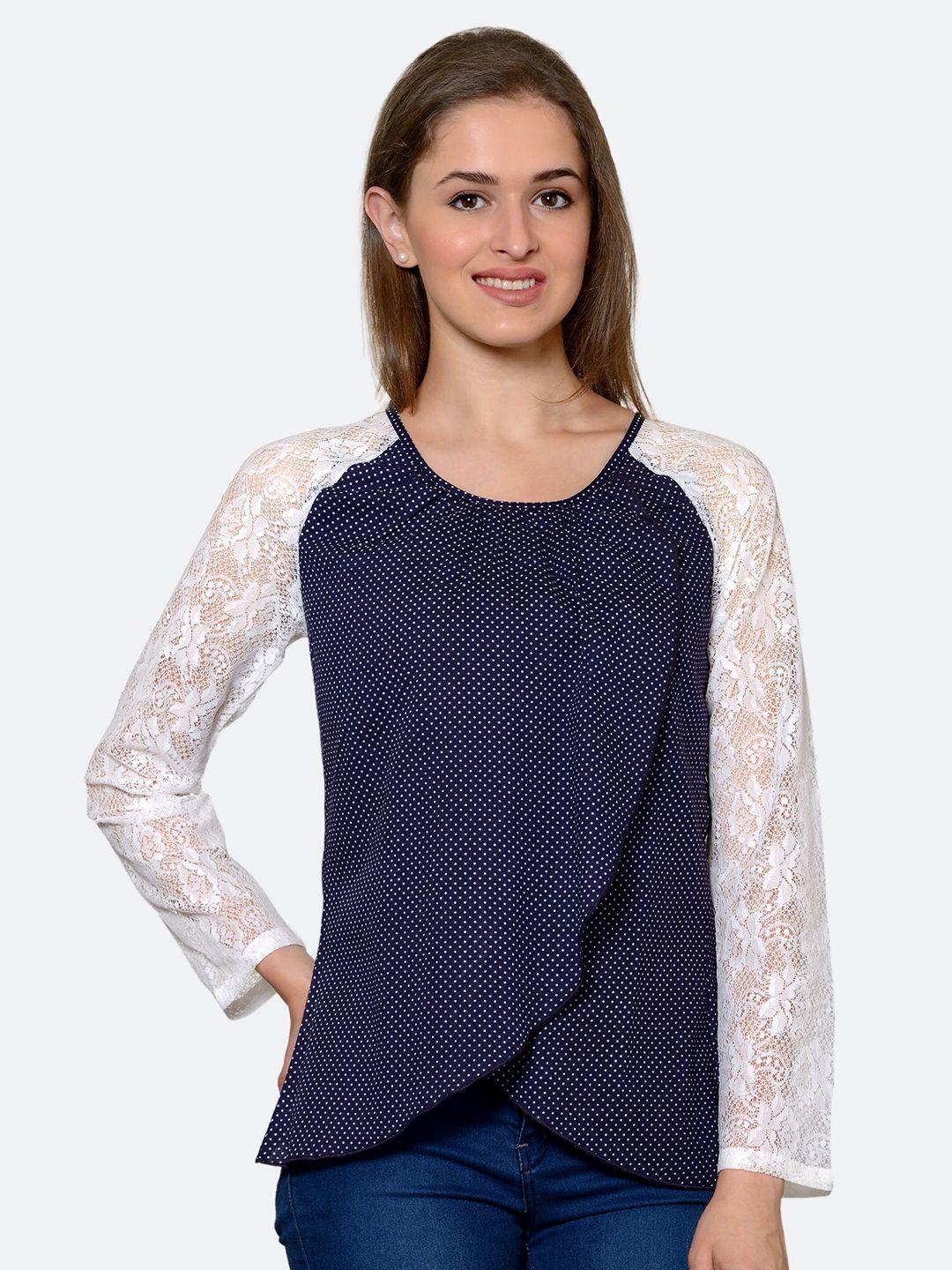 patrorna women navy blue & white polka dots long sleeves top