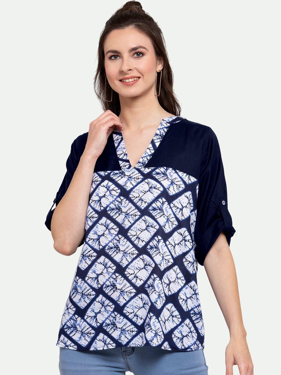 patrorna women navy blue & white printed roll-up sleeves shirt style top