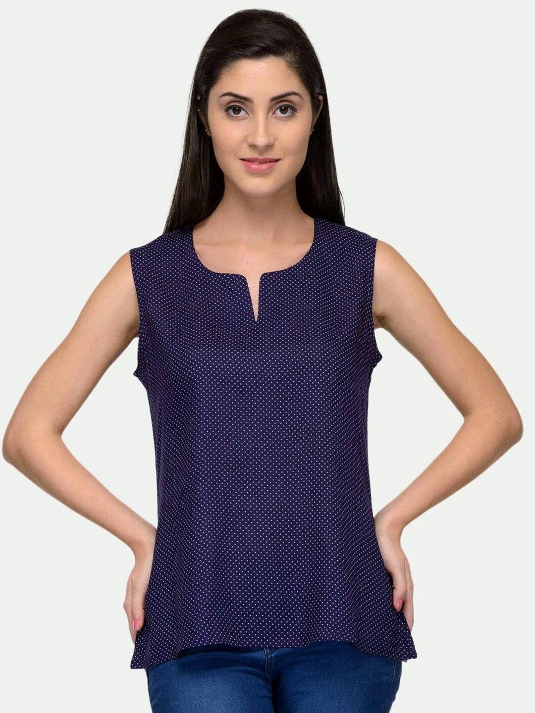 patrorna women navy blue polka dots printed keyhole neck sleeveless top