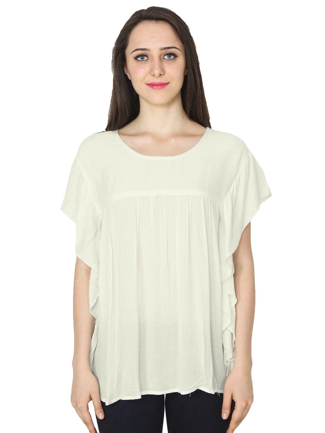 patrorna women off white solid cotton blend pleated  top